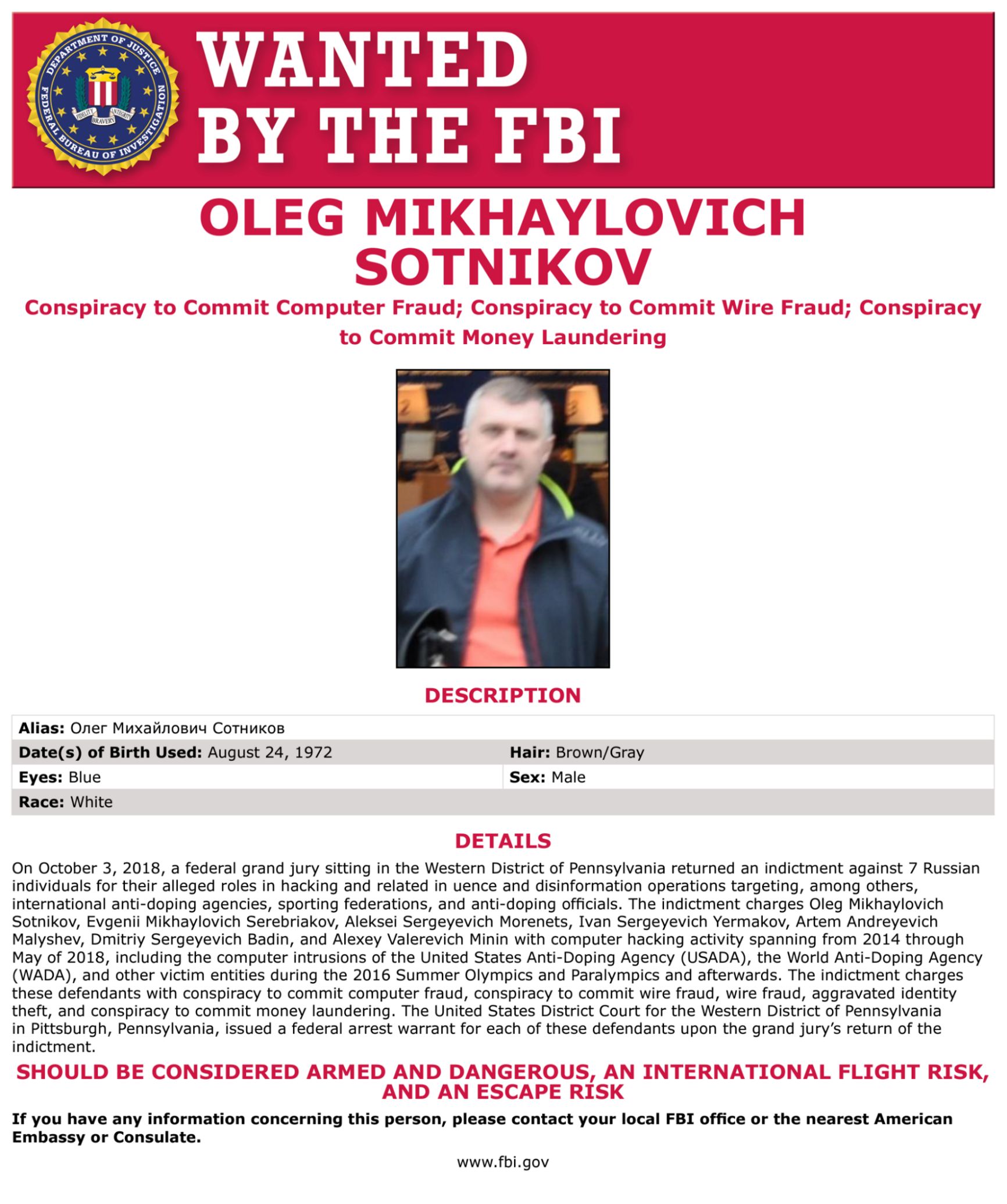 FBI Most Wanted poster for Oleg Sotnikov, a GRU officer accused of helping to hack into the OPCW and anti-doping organizations, including one based in Colorado Springs