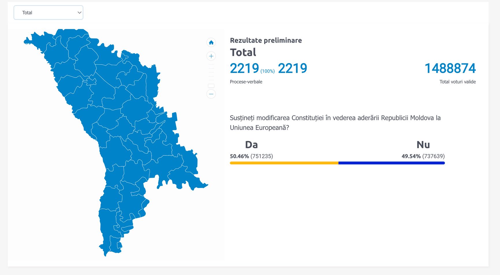 Screenshot of Moldova's EU referendum results. The sole question on the ballot read: “Do you support the amendment of the Constitution with a view to the accession of the Republic of Moldova to the European Union?”